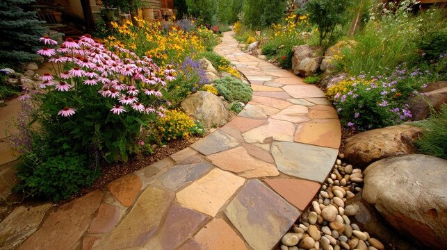 Winding garden pathway constructed with multicolored natural flagstones bordered by abundant perennial flowers