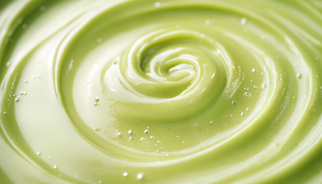Swirl of creamy pistachio paste with small bubbles. Smooth texture of sweet spreadable nut product. Food background for recipes and desserts.