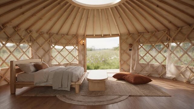 Bright yurt accommodation with diffuse light from skylight handcrafted low furniture in sharp detail wilderness meadow softly blurred outside.