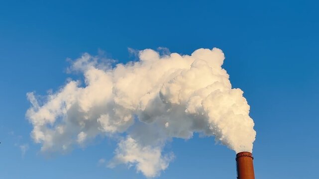 CHP emissions. Smoking chimney releasing smoke against a blue sky. Smoke from factory pipe of heat station in the city. Air pollution. Nuclear power plant cooling. CO2, greenhouse gases emissions.