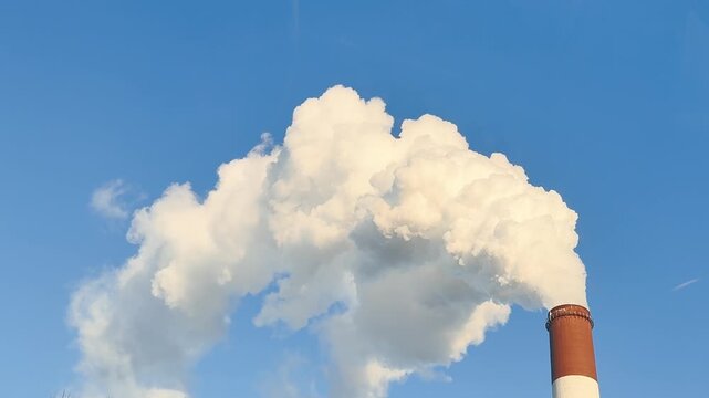 CHP emissions. Smoking chimney releasing smoke against a blue sky. Smoke from factory pipe of heat station in the city. Air pollution. Nuclear power plant cooling. CO2, greenhouse gases emissions.