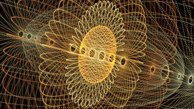 Looping Parametric Curves in Gold and Teal Forming a Dense Radial Field on Black. Created in Adobe After Effects.
