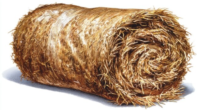 Cylindrical bale of dried grass rests upon a white surface under bright illumination.