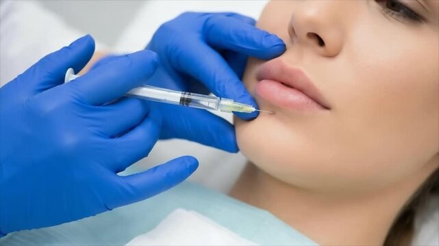 Cosmetologist injecting dermal filler into the lip of a woman. Specialist performing anti-aging beauty procedure for lip augmentation in a medical clinic salon.