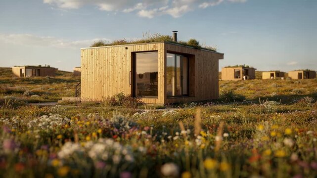 Focused cabin exterior in modular meadow cluster outoffocus blooming plants emphasize ecofriendly construction blending into vibrant prairie setting.
