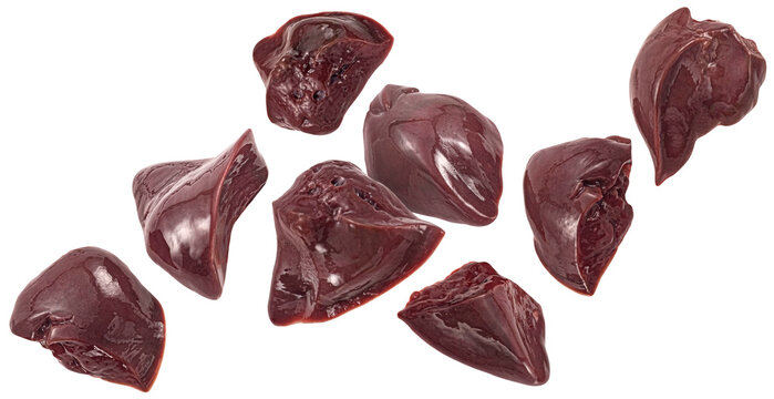 Falling raw chicken liver pieces isolated on white background, full depth of field