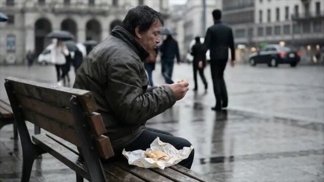 Solitary man eating sandwich on a bench in rainy city square. Lonely pedestrian sitting outdoors during drizzly weather. Urban lifestyle and street lunch scene.