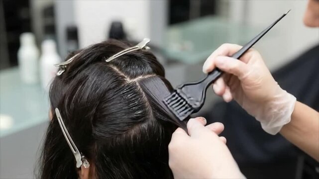 Hairdresser coloring hair of a woman in a beauty salon. Professional stylist applying dye with a brush for hair transformation session at the cosmetic clinic.