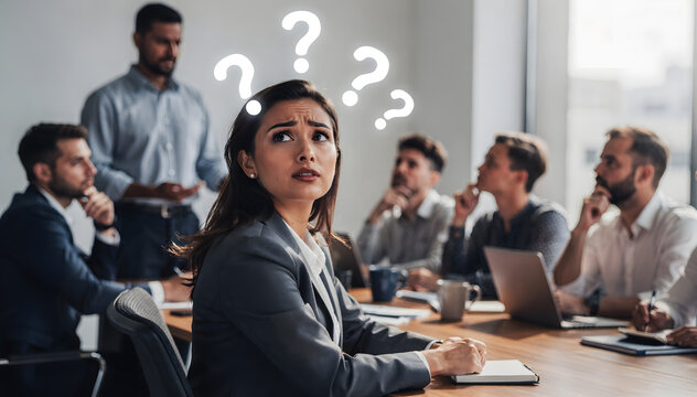 Confused Young Businesswoman with Question Marks Over Her Head During a Diverse Team Meeting, Seeking Clarity and Solution-Oriented Discussion