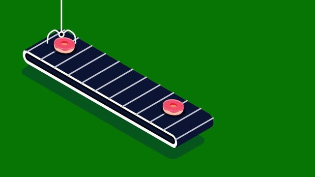 Isometric Conveyor Belt with Donuts and Robotic Claw on Green Background