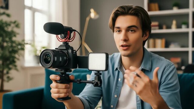 Young man demonstrating a camera setup in a cozy living room with soft lighting