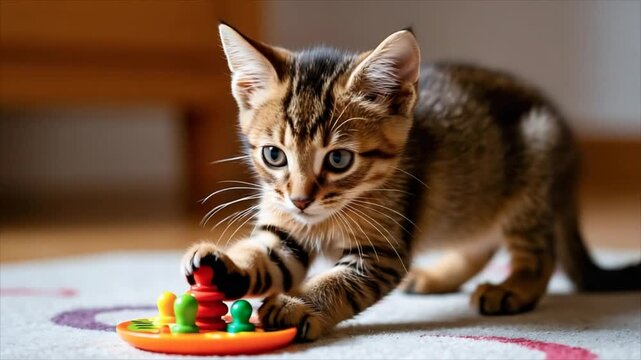 Tabby kitten playing with colorful stacking ring set on floor. Small cat engaging with intelligence toy. Pet development and animal training activity concept.