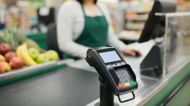 Man paying with credit card at supermarket checkout counter. Cashier woman processing grocery payment using contactless terminal. Finance, retail shopping concept.
