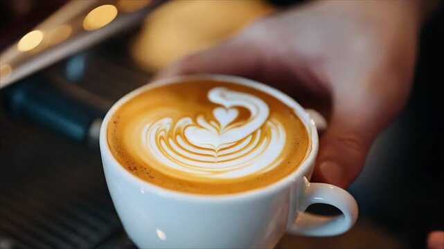 Barista pouring steamed milk into coffee cup to create latte art. Professional coffee maker preparing drink. Hand of man holding ceramic mug with espresso froth.