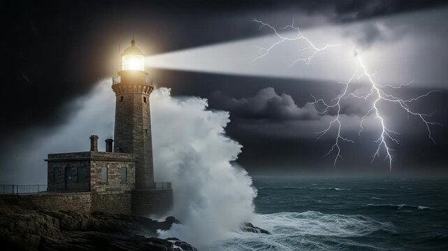 Stormy night at a lighthouse with waves crashing and lightning illuminating the sky