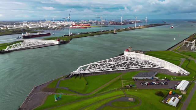The Maeslantkering, or Maeslant barrier, is a storm barrier in the Rhine Delta in the Netherlands for flood protection. It is one of the largest moving structures on Earth. High quality 4k footage