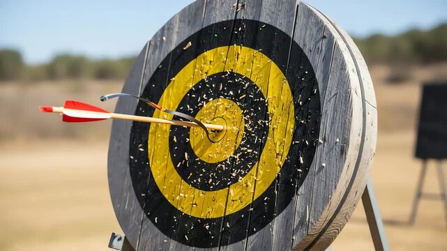 Archer's arrow striking a bullseye on a wooden target in a sunny outdoor range