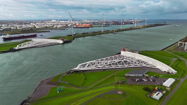 The Maeslantkering, or Maeslant barrier, is a storm barrier in the Rhine Delta in the Netherlands for flood protection. It is one of the largest moving structures on Earth. High quality 4k footage
