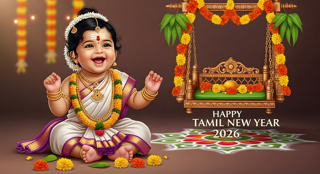 Happy tamil new year 2026 celebration laughing child girl sitting traditional dress swing decoration kolam flower garland