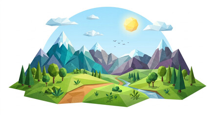 Fototapeta premium Low poly mountain landscape with textured geometric nature elements on white background