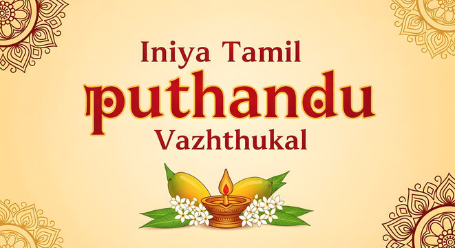 Tamil puthandu greeting banner new year celebration culture tradition mango leaf lamp light flower blossom graphic design