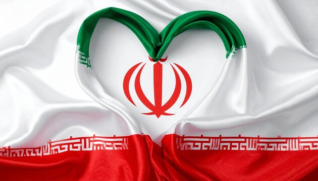 Iranian flag folds forming heart shape, green-white-red stripes, central emblem of Allah and tulip, Kufic script borders, patriotic symbolism, love, unity, cultural pride, national identity.