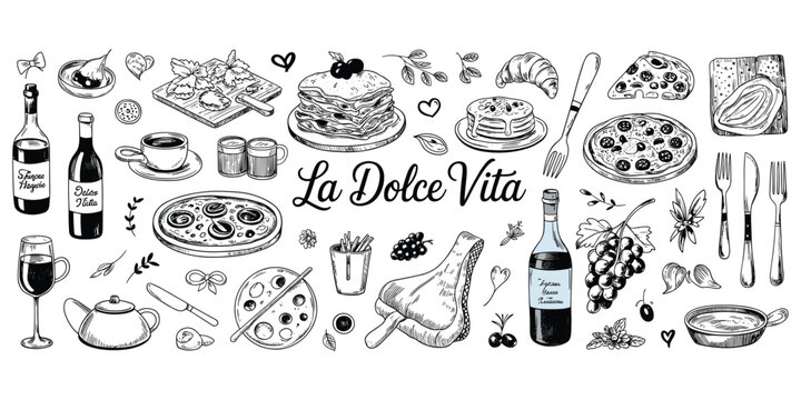 Italian Food And Drink La Dolce Vita Hand Drawn Illustrations And Text Keywords: italian food, drink, la dolce vita, hand drawn