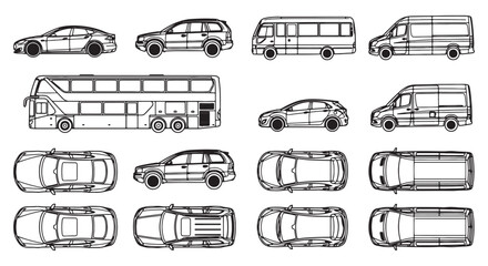 Vehicle Icon Set With Side and Top Views of Cars, Vans, Buses and Double-Decker Coach © Sapumal