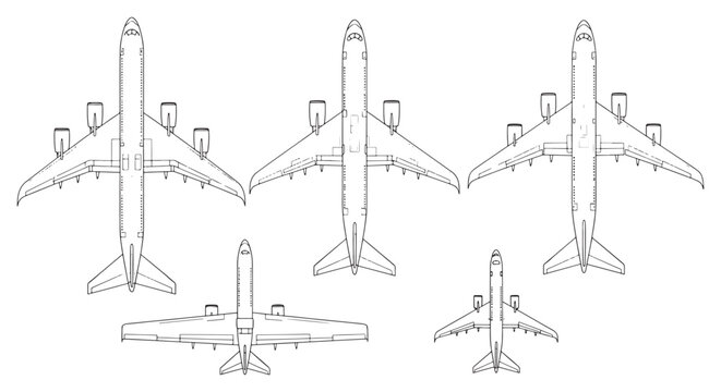 Airplane Top View Set &mdash; Aircraft Blueprint Silhouettes and Technical Line Drawings for Aviation Design
