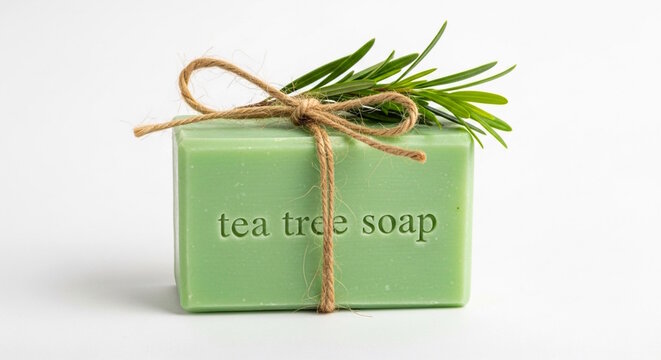 Natural herbal organic handmade tea tree beauty soap bars with fresh herbs tea tree and tie with jute thread in white background 