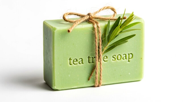 Natural herbal organic handmade tea tree beauty soap bars with fresh herbs tea tree and tie with jute thread in white background 