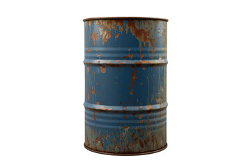 Naklejka premium Rusty blue metal industrial barrel, old weathered drum with corrosion, empty container on transparent background