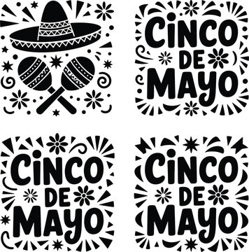 a set of four black and white graphics for cinco de mayo featuring a sombrero maracas and festive text