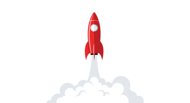 A bright red rocket with a small window is depicted launching vertically upwards, emitting white smoke against a clean white background.