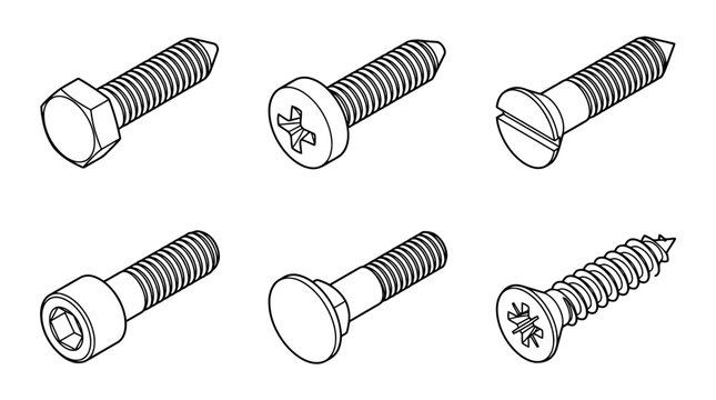 metal screw , 6 black line isometric 3d vector collection , white background , PNG and SVG isolate