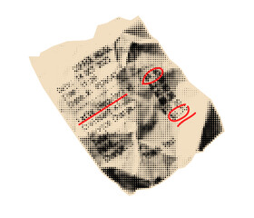 Crumpled receipt halftone cutout in a gritty pop art collage and scrapbooking style.