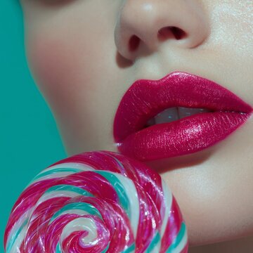 Lush, glossy lips in a striking magenta shade and colorful candy lollipop.