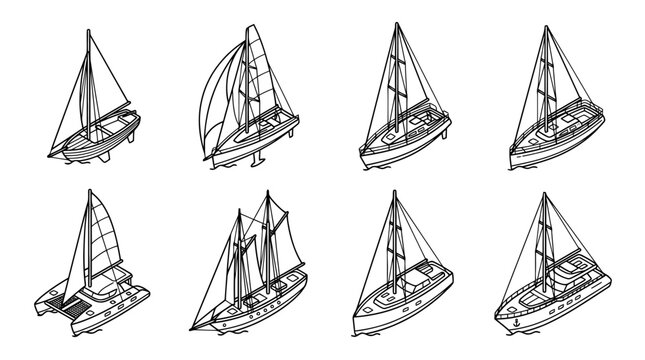 sailing boat , 6 black line isometric 3d vector collection , white background , PNG and SVG isolate