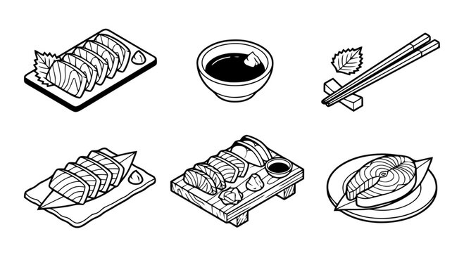 sashimi , 6 black line isometric 3d vector collection , white background , PNG and SVG isolate