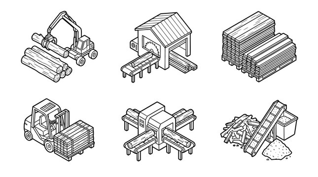 sawmill , 6 black line isometric 3d vector collection , white background , PNG and SVG isolate