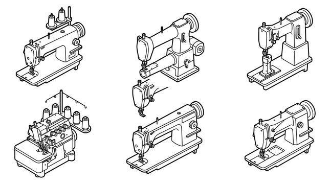 sewing machine industrial , 6 black line isometric 3d vector collection , white background , PNG and SVG isolate