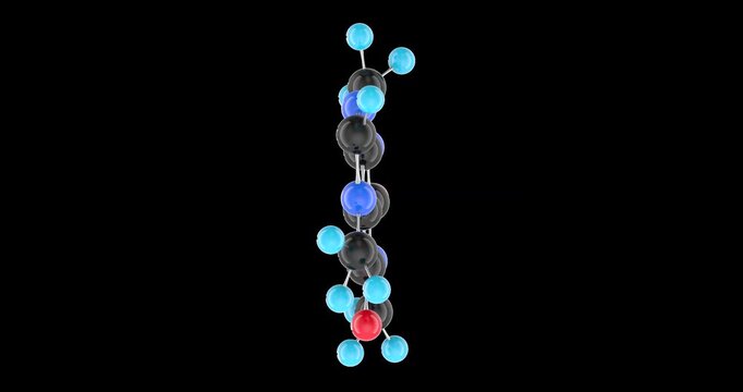Caffeine molecule model, rotation animation seamlessly loopable. 3D rendering isolated on transparent background