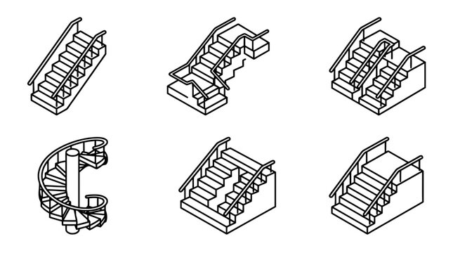 staircase , 6 black line isometric 3d vector collection , white background , PNG and SVG isolate