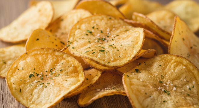 Crispy potato chips sprinkled with seasoning on wooden surface
