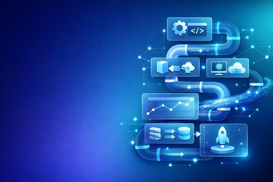 DevOps Pipeline Concept with 3D Software Development Lifecycle Icons Cloud Computing Data Migration and Product Launch Rocket on Blue Background