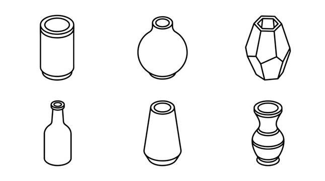 vase , 6 black line isometric 3d vector collection , white background , PNG and SVG isolate
