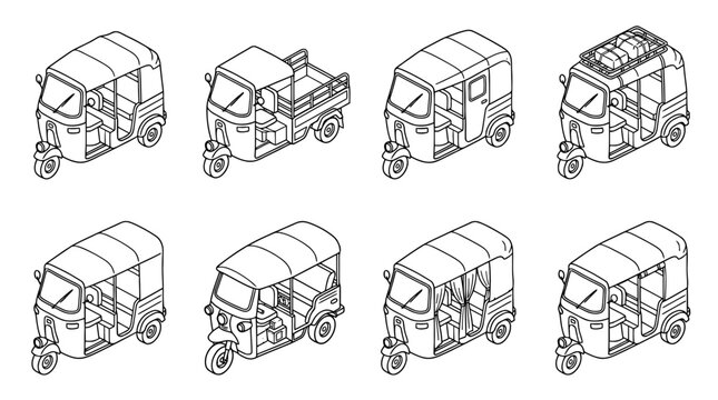 tuk tuk , 6 black line isometric 3d vector collection , white background , PNG and SVG isolate