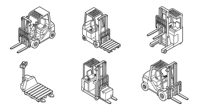 warehouse forklift , 6 black line isometric 3d vector collection , white background , PNG and SVG isolate