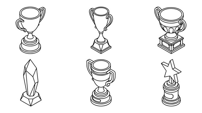 winner trophy , 6 black line isometric 3d vector collection , white background , PNG and SVG isolate