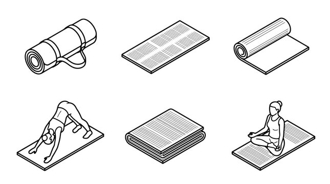yoga mat , 6 black line isometric 3d vector collection , white background , PNG and SVG isolate